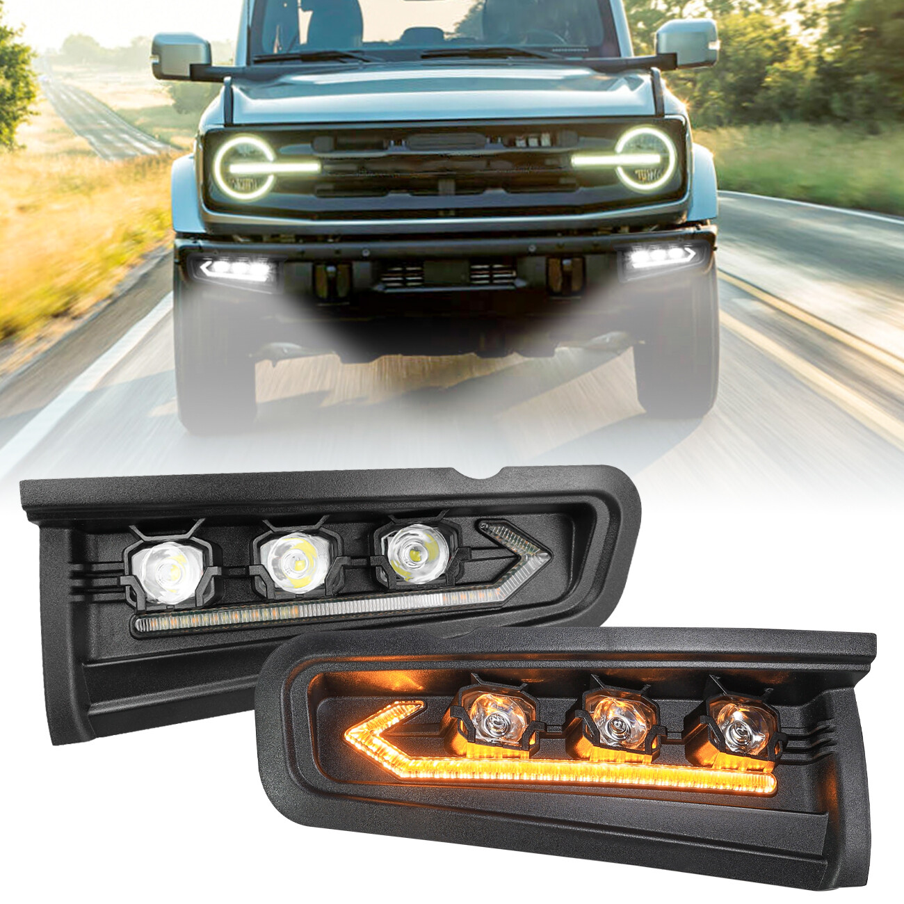 LED Front Bumper Fog Lights Amber/Clear For Ford Bronco 2021-2024 2/4-Door