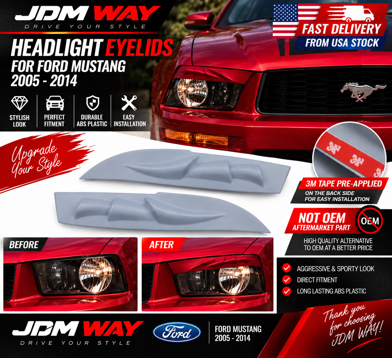 Ford Mustang 2005-2014 Headlight Eyelids ABS Plastic
