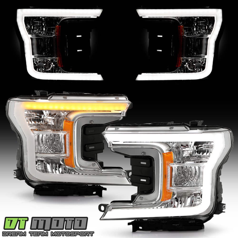 For 2018-2020 Ford F150 Chrome LED Tube SwitchBack Signal Headlights Headlamps