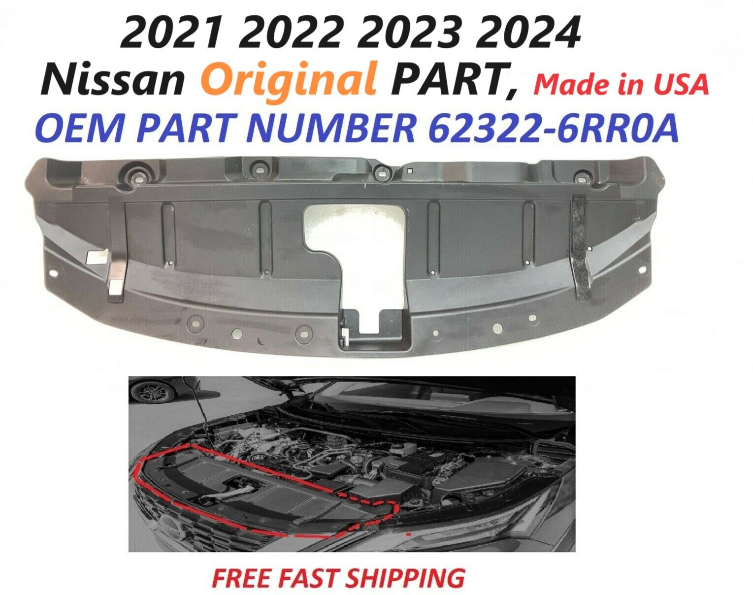 New 2021 22 23 2024 Nissan Rogue Front Upper Radiator Support Shield 62322-6RR0A