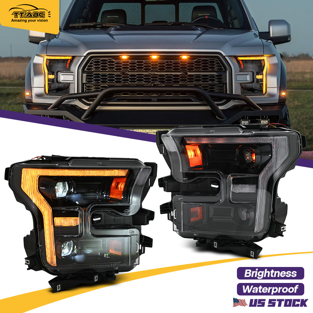 Pair Amber/White DRL LED Headlights For 2015-17 Ford F150 & F150 Raptor 2018-20