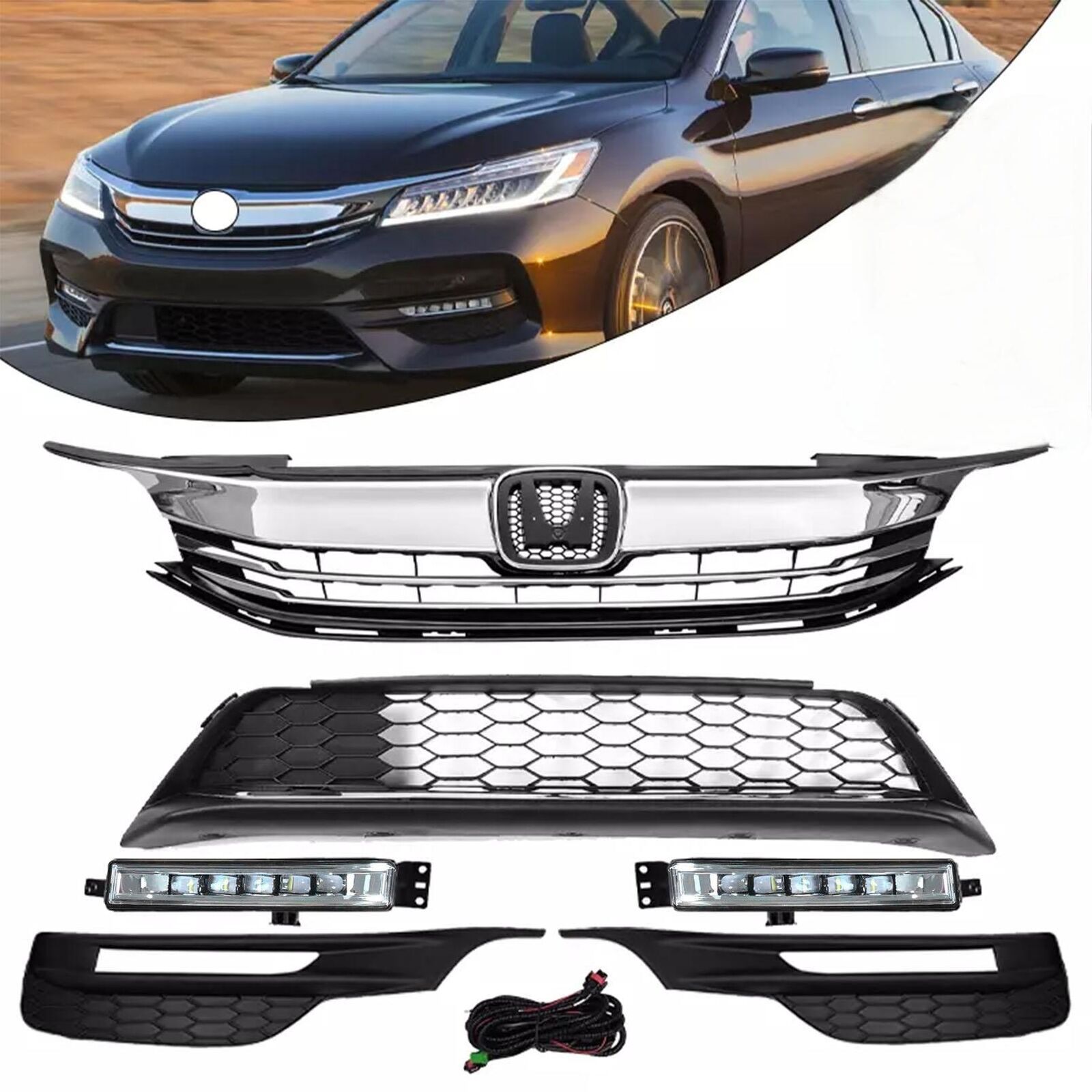 For 2016 2017 Honda Accord Sedan Front Bumper Grille Grill & LED Fog Lights Set