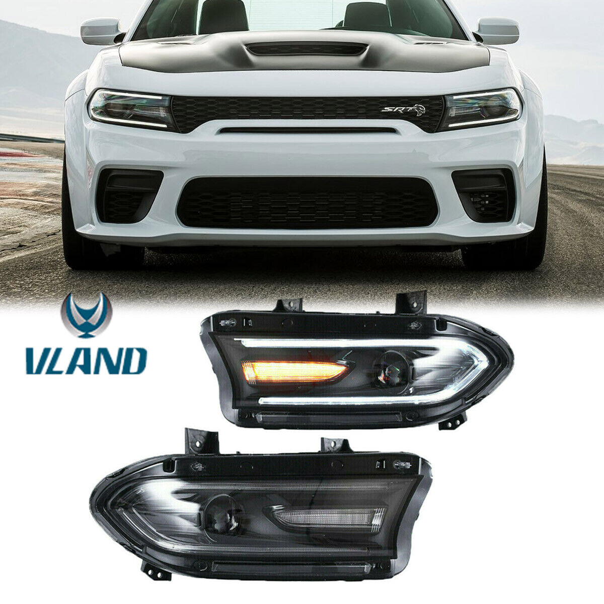 Pair Front LED Projector Headlights Assembly For 2015-2020 Dodge Charger SRT