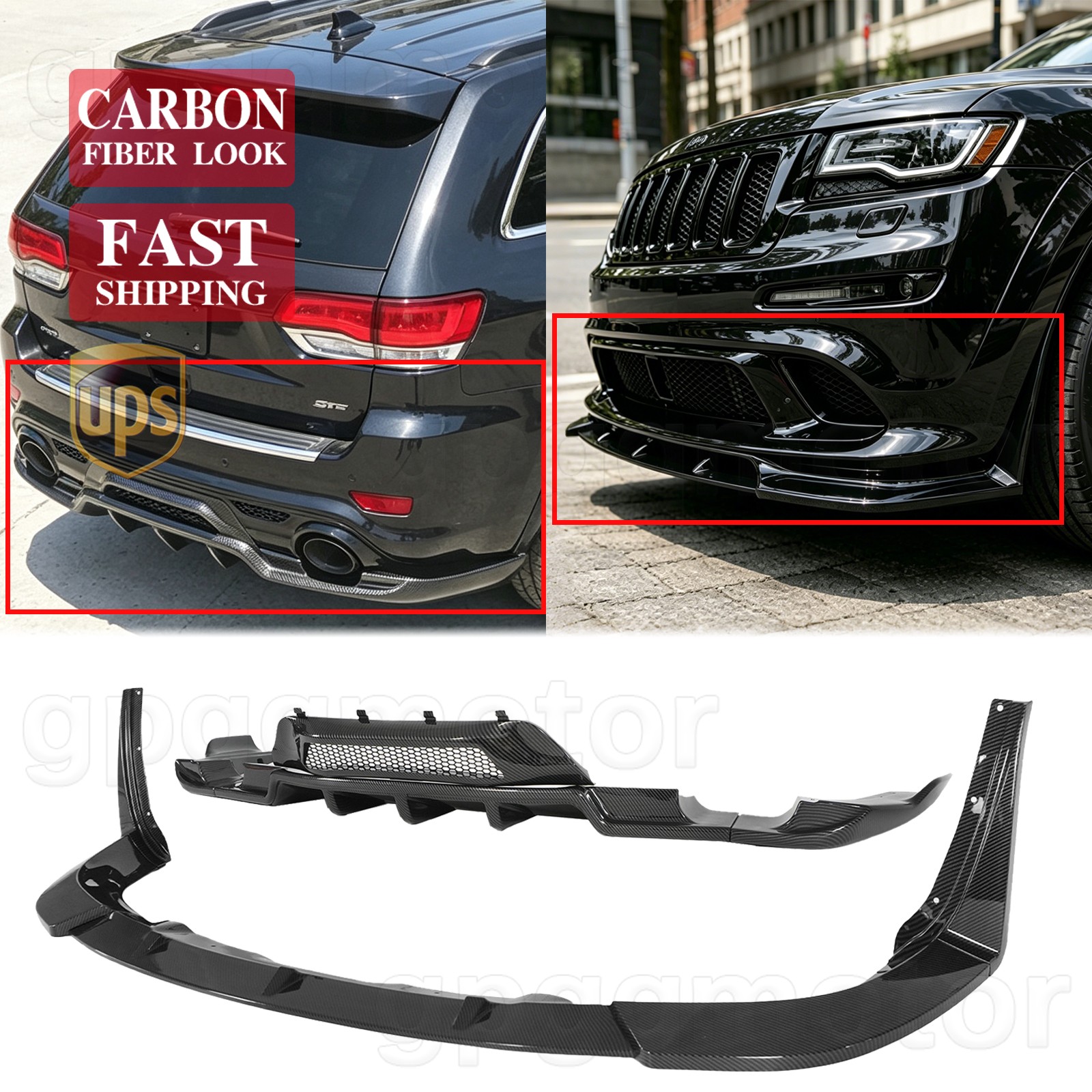 For Jeep Grand Cherokee SRT8 12-16 Carbon Fiber Front Bumper Lip & Rear Diffuser