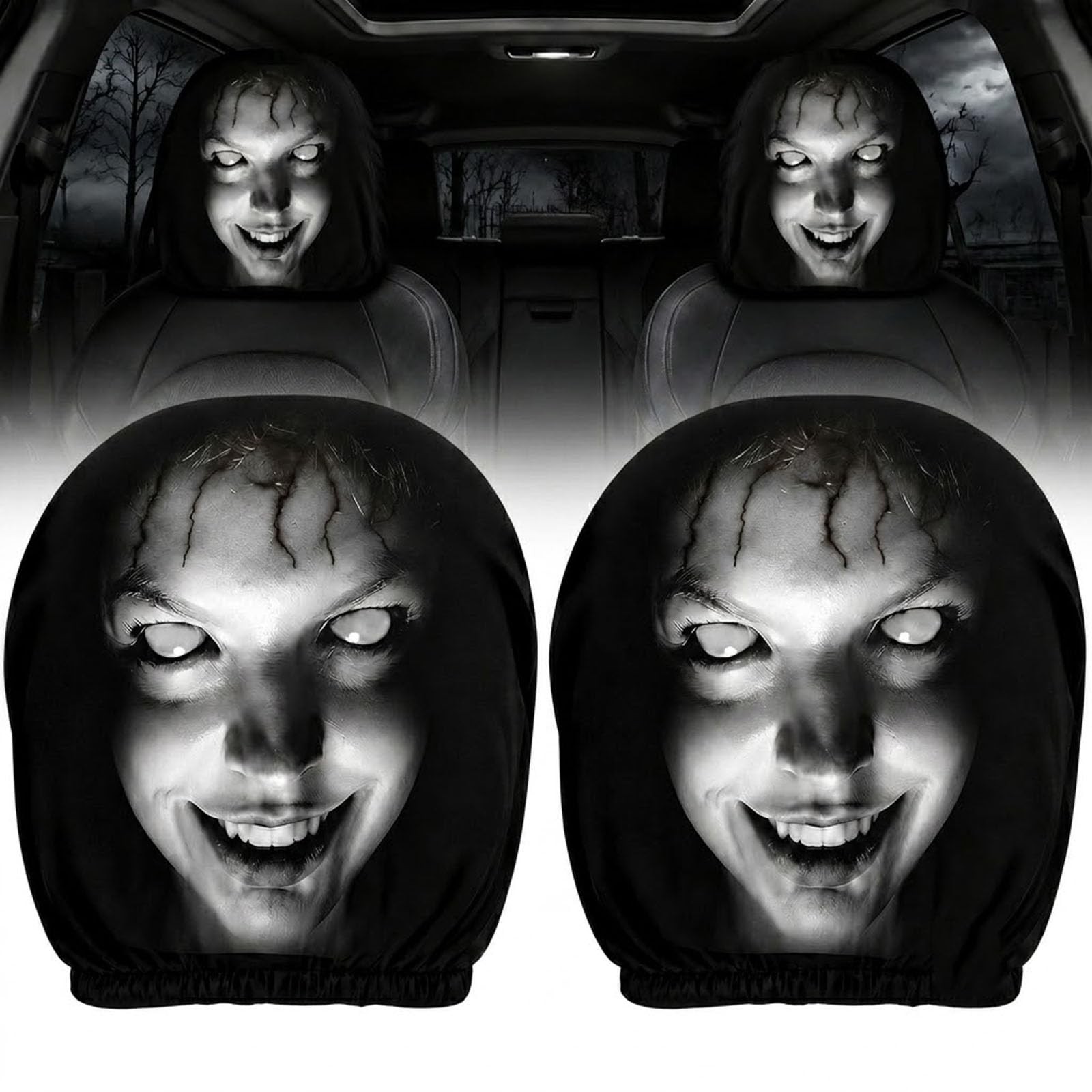 Qiieoev 2 PCS Scary Headrest Covers for Cars, Horror Face Car Black Qiieoev 2 PCS Scary Headrest Covers for Cars, Horror Face Car Black