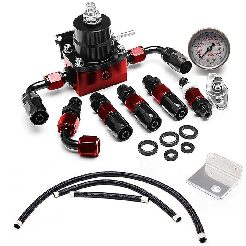 New Black-Red Adjustable Fuel Pressure Regulator Kit + Oil 0-100psi Gauge -6AN