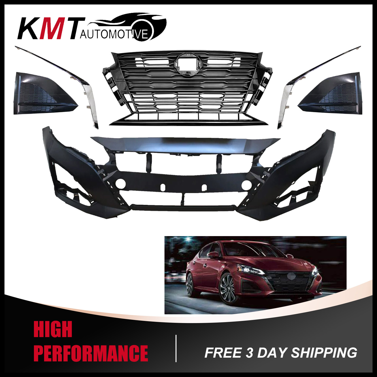 Fits 2023-2024 Nissan Altima S SL SV Front Bumper Grille W/ Fog Cover Trims Set