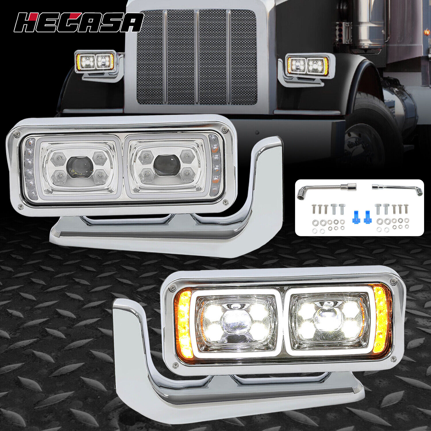 Pair All LED For Peterbilt 389 379 Headlights Full Assembly w/Mounting Arms