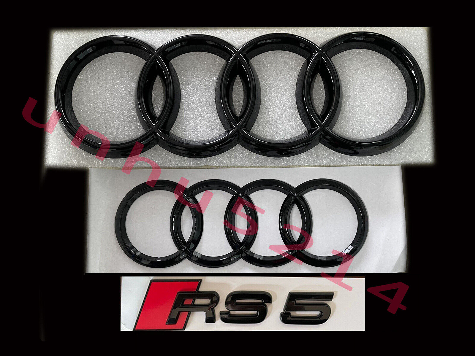 Audi RS5 COUPE Front Rear Rings Emblem Gloss Black Trunk Logo Badge Set OE 12-18
