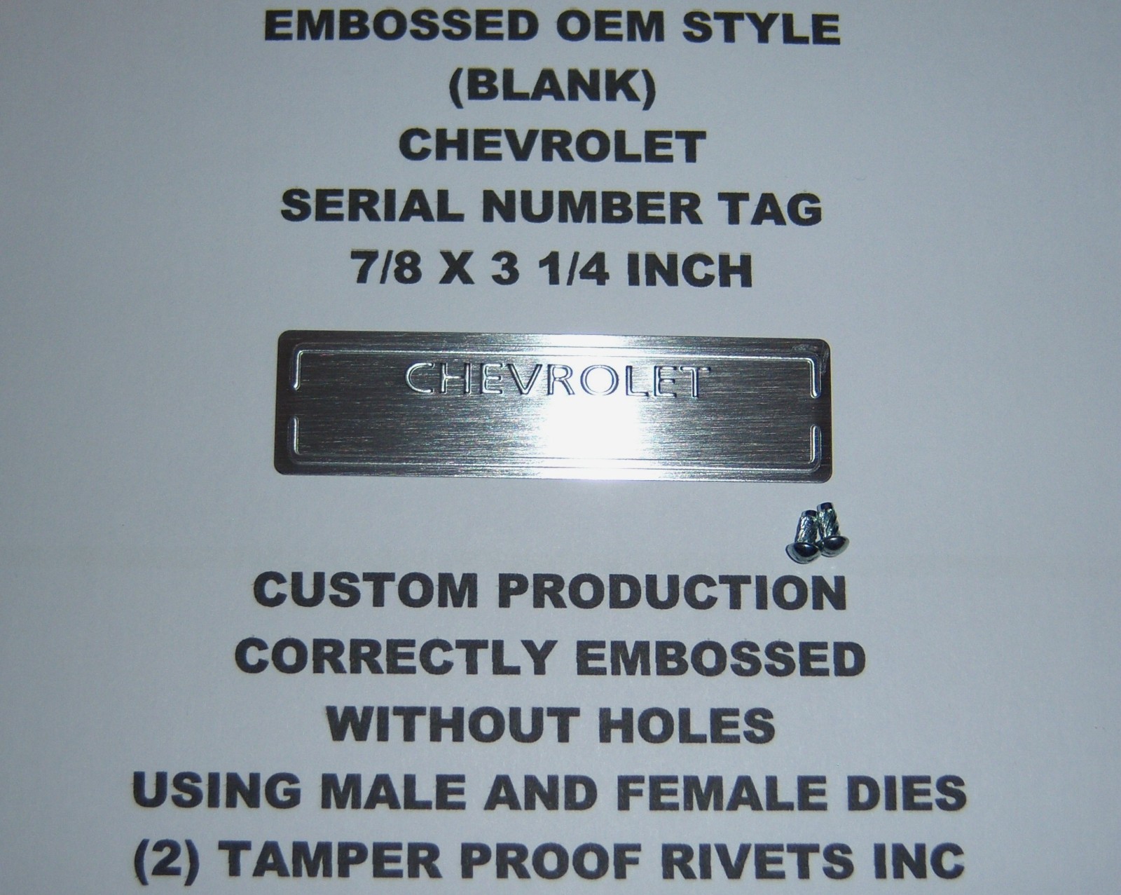 CHEVY CHEVROLET DOOR DASH TAG DATA SERIAL NUMBER VIN PLATE EMBOSSED (BLANK) USA CHEVY CHEVROLET DOOR DASH TAG DATA SERIAL NUMBER VIN PLATE EMBOSSED (BLANK) USA