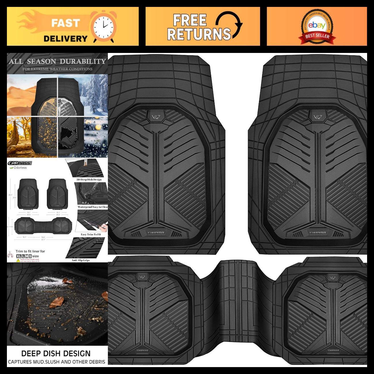 Heavy Duty Rubber Car Mats - Odorless All Weather Floor Mats, Waterproof, Anti-S