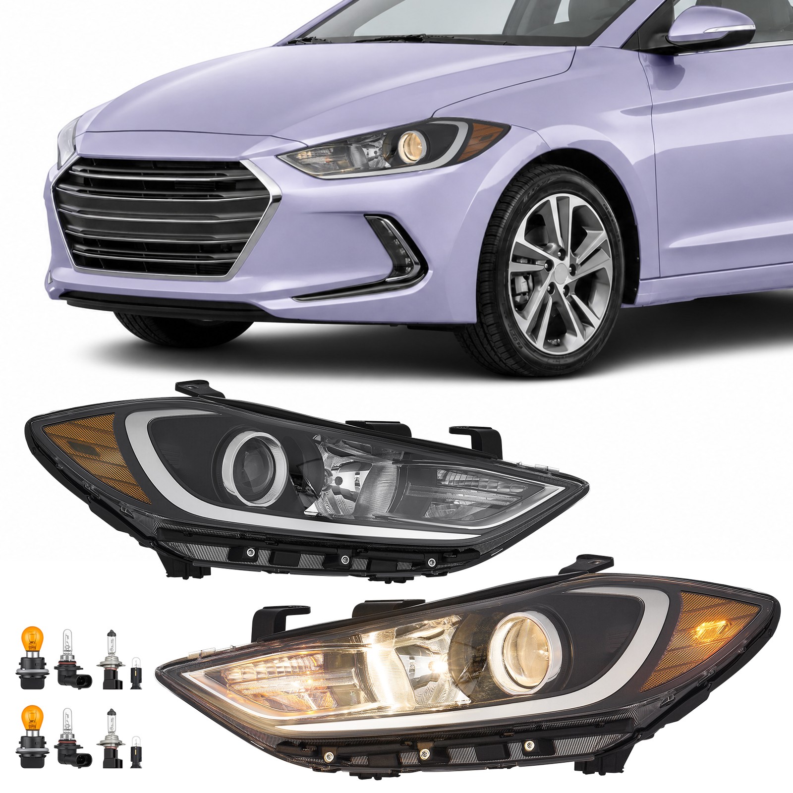 VRC Pair For 2017 2018 Hyundai Elantra Headlights Halogen Headlamps w All Bulbs