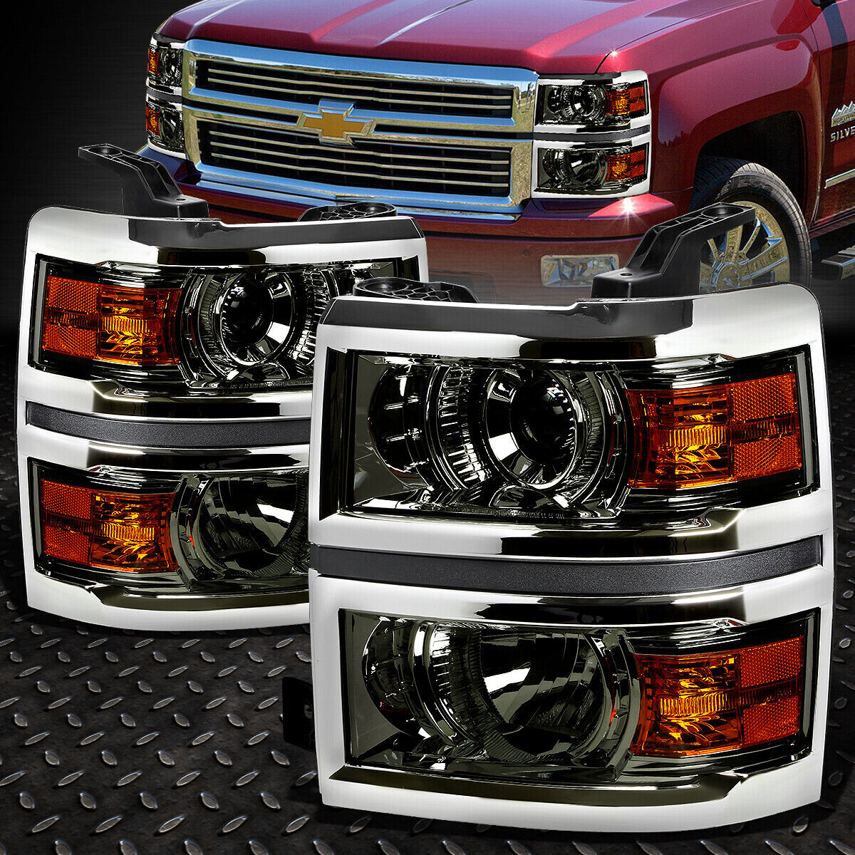 FOR 2014-2015 CHEVY SILVERADO SMOKED HOUSING AMBER SIDE PROJECTOR HEADLIGHT/LAMP