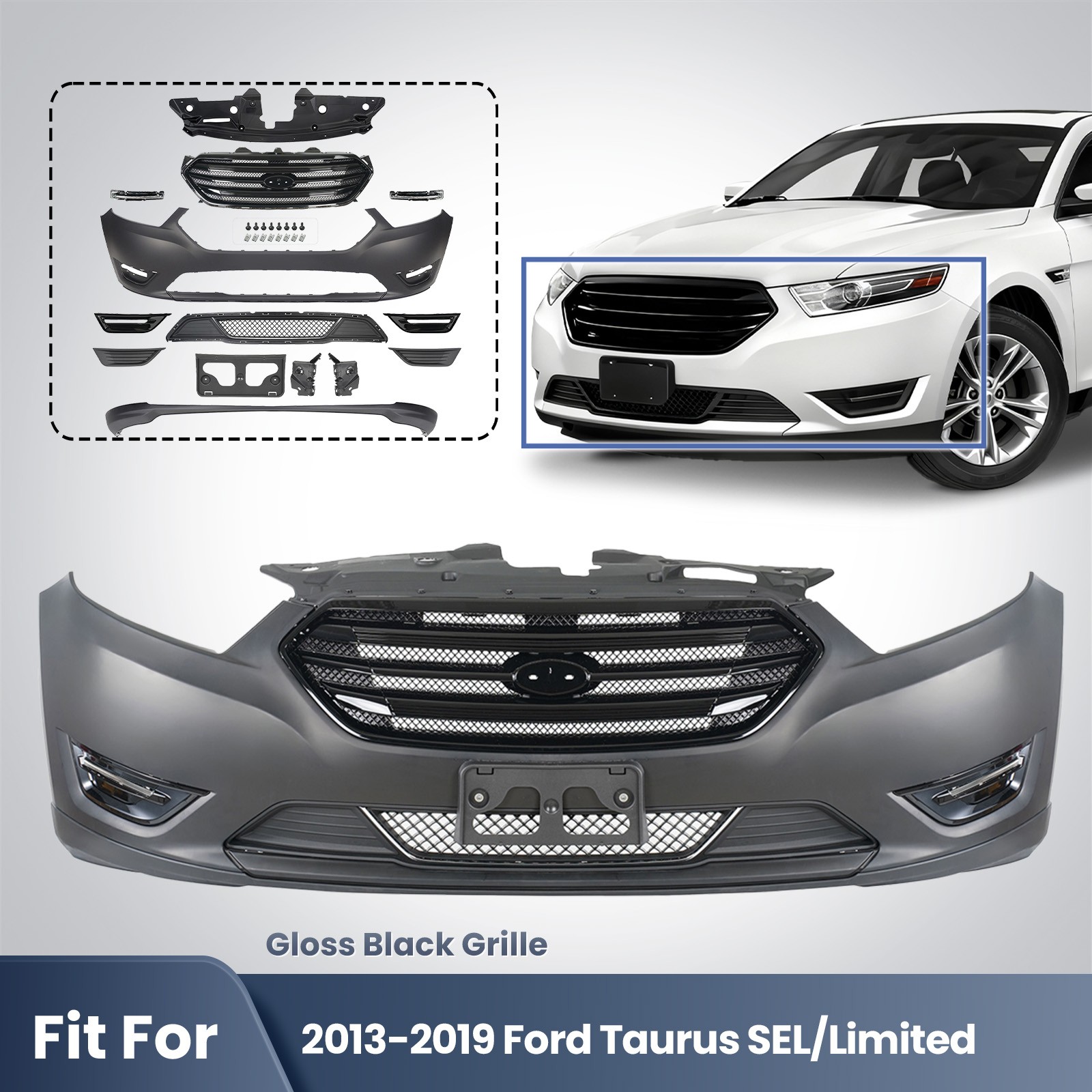 Front Bumper Cover Black Grille Assembly For 2013-2019 Ford Taurus SEL Limited