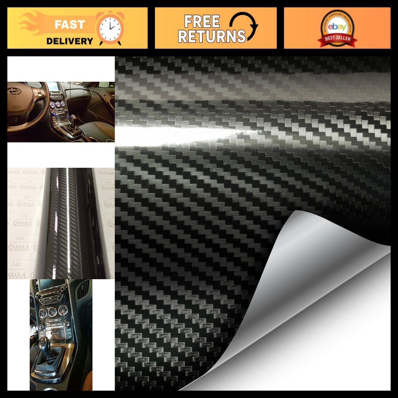 High Gloss Black Carbon Vinyl Wrap Film for Cars - DIY Easy Install, 6ft x 5ft High Gloss Black Carbon Vinyl Wrap Film for Cars - DIY Easy Install, 6ft x 5ft