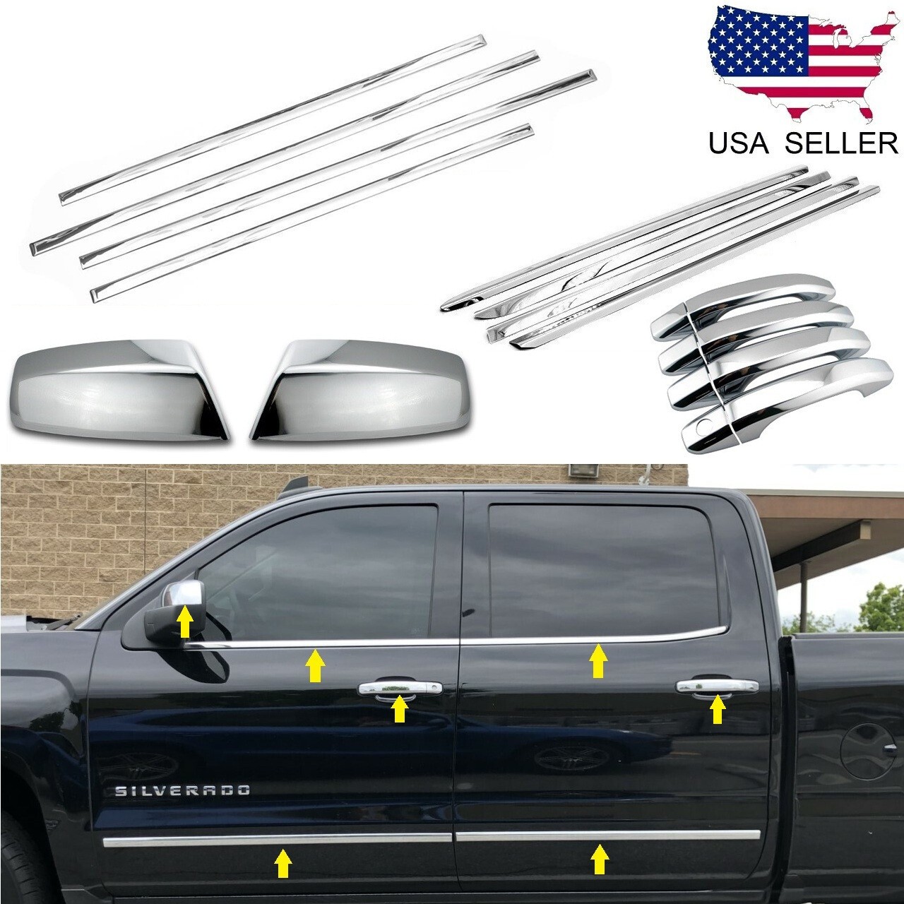 For 2014-2018 Chevy Silverado Crew Cab Chrome Handle Mirror Window Sills Molding