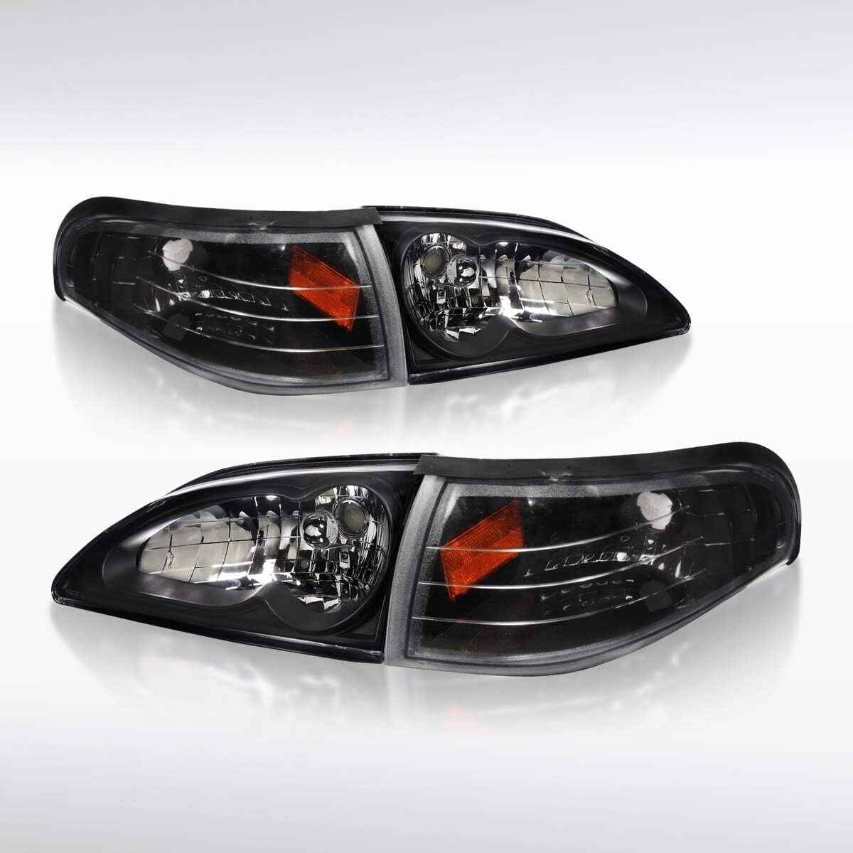 94-98 Ford Mustang GT SVT Black Replacement Headlights + Corner Signal Combo Set