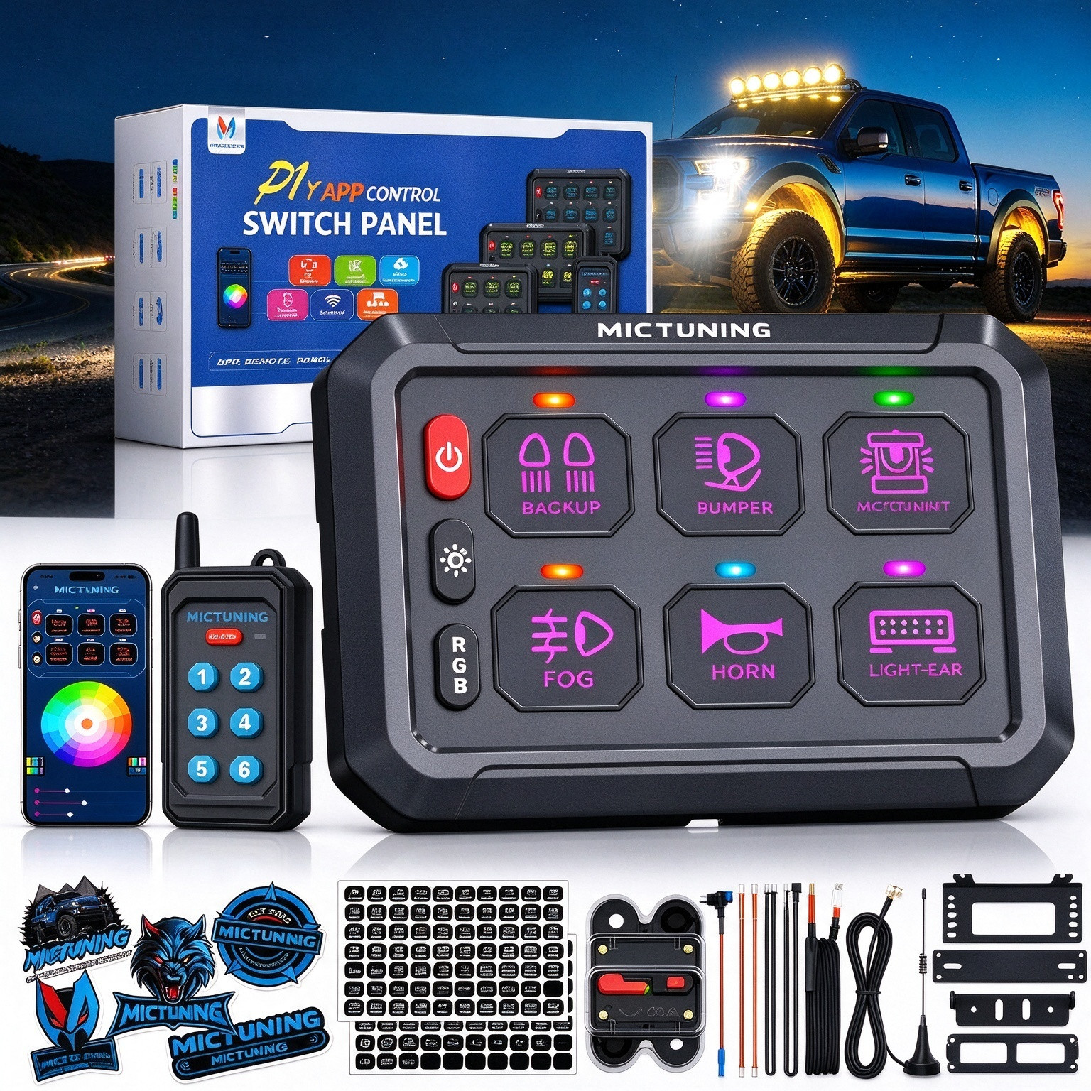 MICTUNING 230FT Wireless RGB 6 Gang Switch Panel Remote+App 12v LED Relay System MICTUNING 230FT Wireless RGB 6 Gang Switch Panel Remote+App 12v LED Relay System