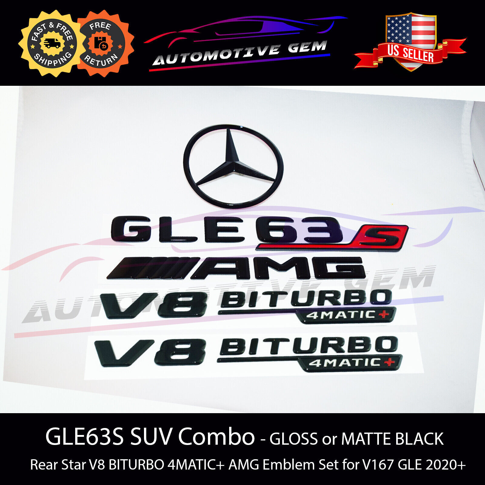 GLE63S SUV AMG V8 BITURBO 4MATIC+ Rear Star Emblem Black Combo Set Mercedes V167