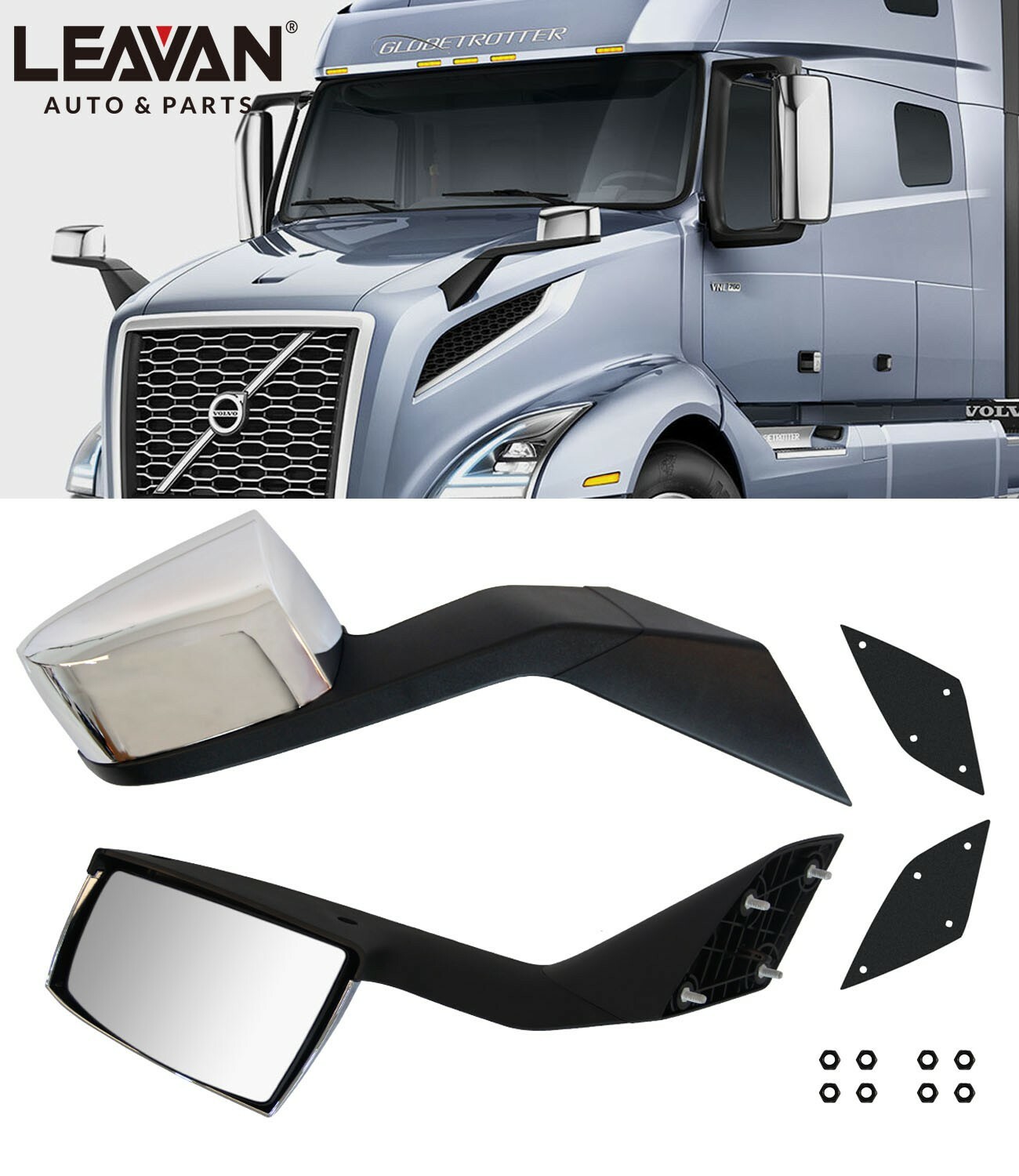 Chrome Hood Mirrors LH&RH Pair For Volvo VNL 2004-2017 With Nuts Mounting Plates