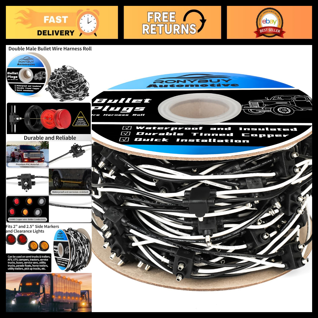 150x 18 Gauge Double Male Bullet Plugs, 2 Prong Wire Harness for Trucks & Traile 150x 18 Gauge Double Male Bullet Plugs, 2 Prong Wire Harness for Trucks & Traile
