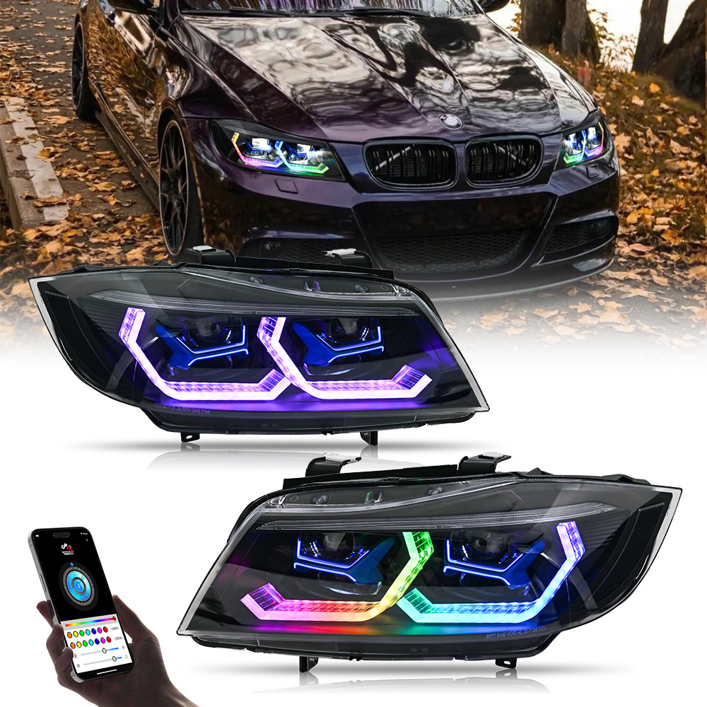 2x RGB LED Headlights For BMW 3 Series E90 E91 2005-2012 Head Front Lamps DRL