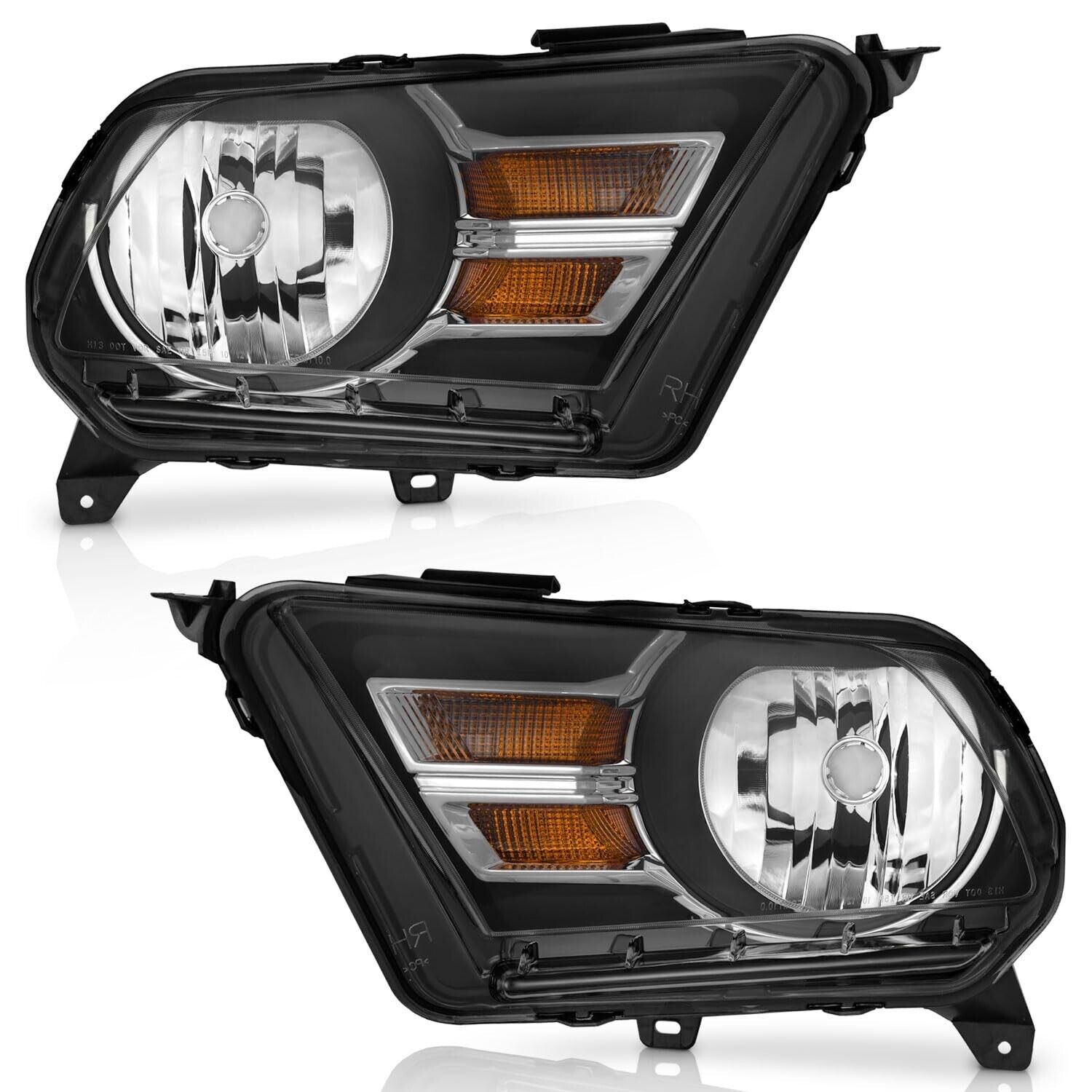 WEELMOTO Headlights For 2010-2014 Ford Mustang Black Halogen Headlamp Left+Right