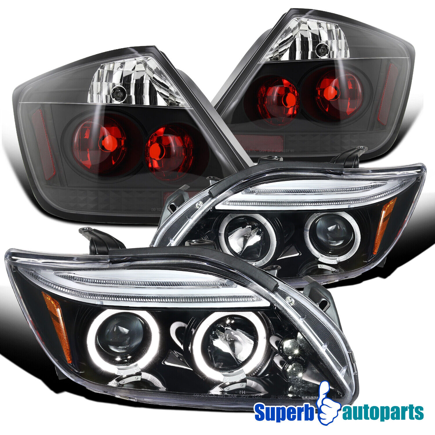 Fits 2005-2010 Scion tC Polished Black LED Halo Projector Headlights+Tail Lamps