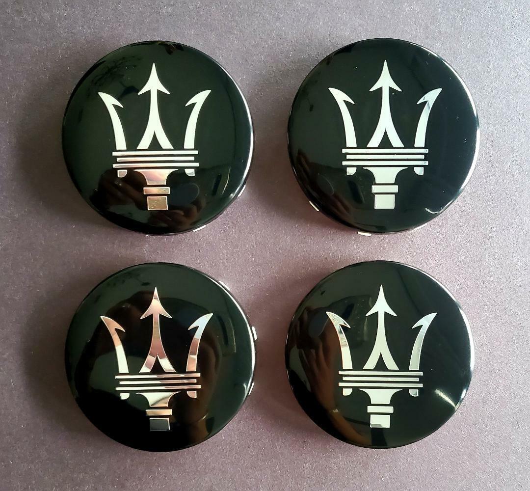 4pcs MASERATI QP & GHIBLI GTS BLACK W/ CHROME WHEEL CENTER CAP