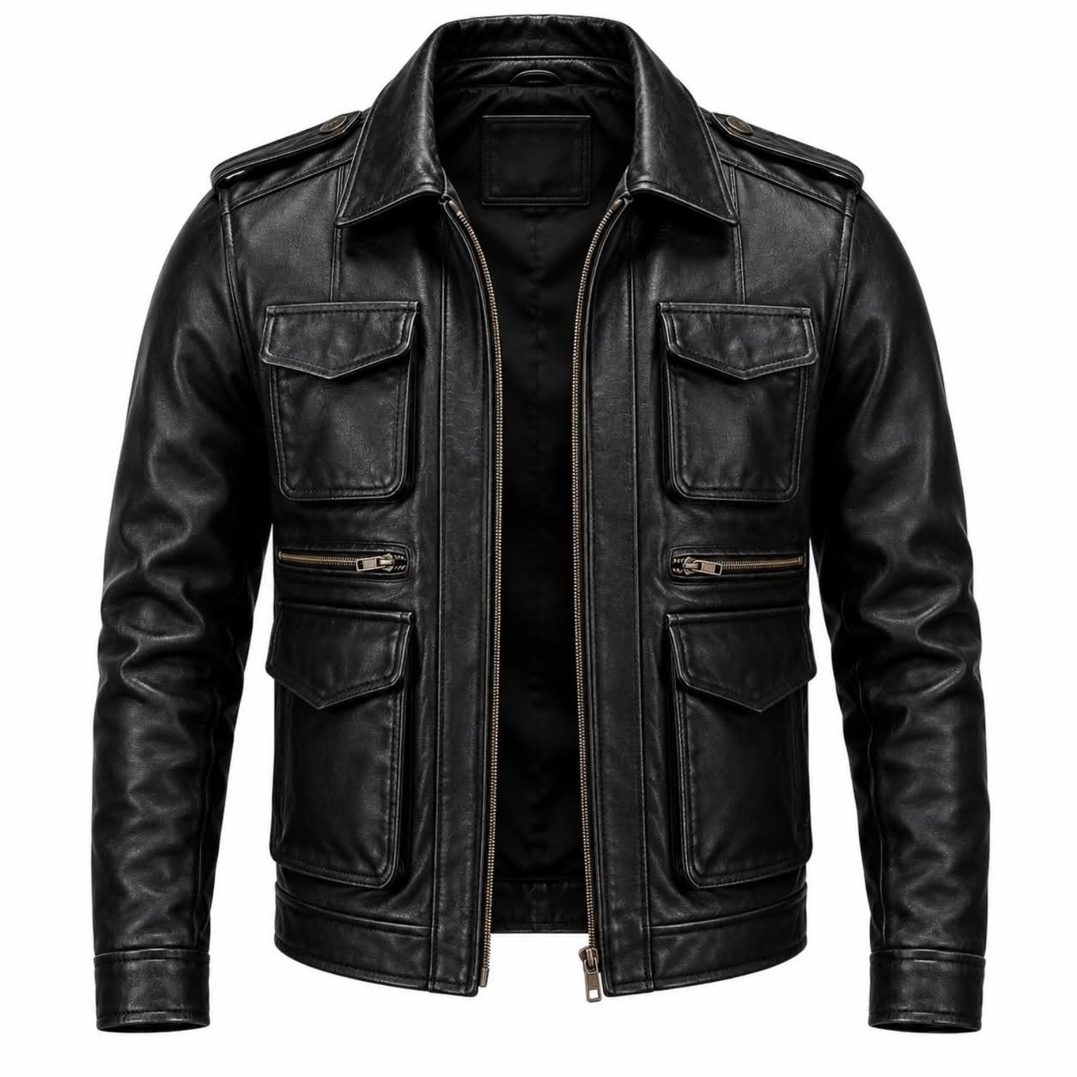 Men's Black Genuine Leather Field Jacket Multi Pocket Motorcycle Biker Coat.