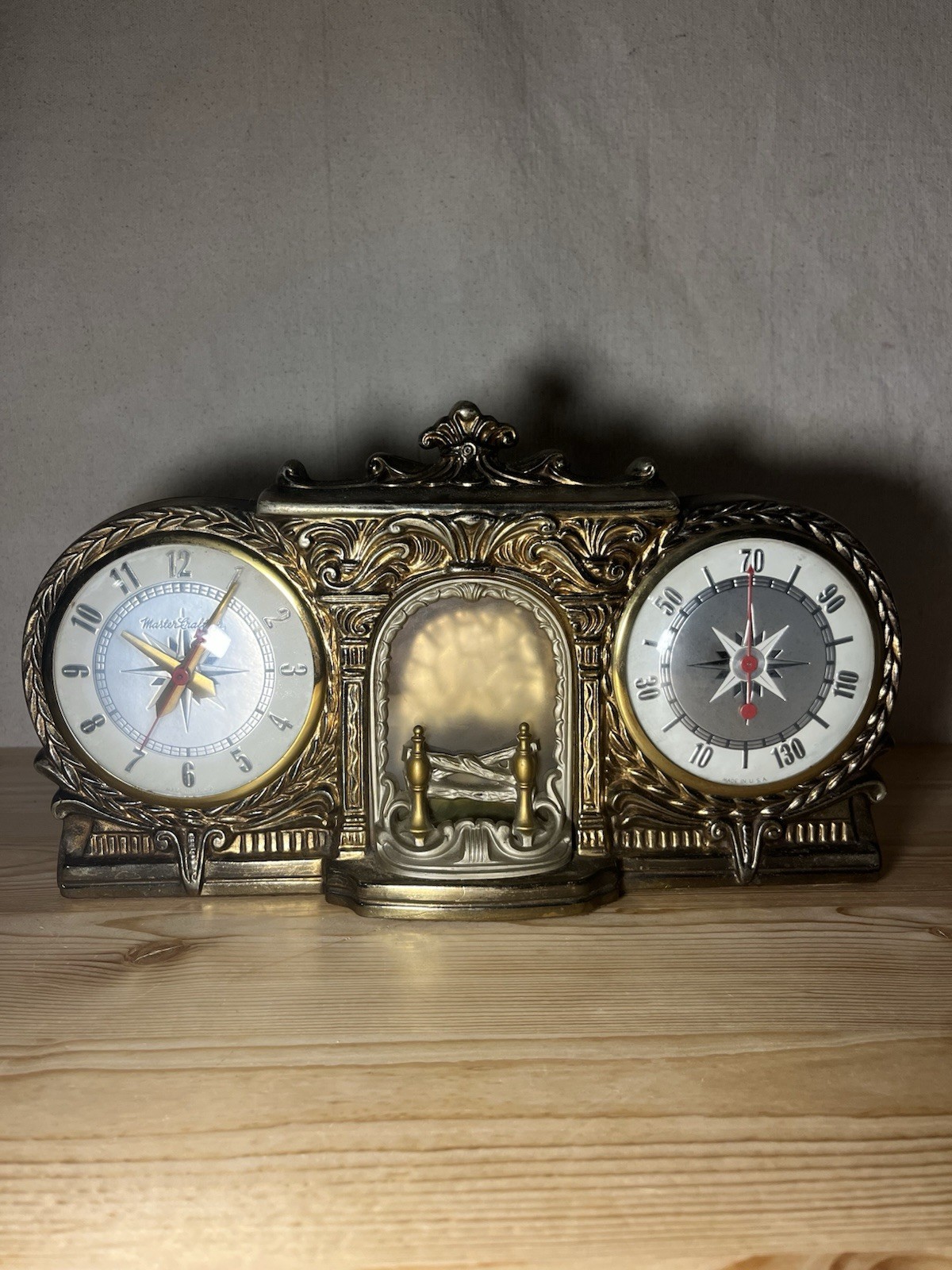 Rare Beautiful Vintage Mastercrafters Fireplace Clock And Thermometer COMPLETE