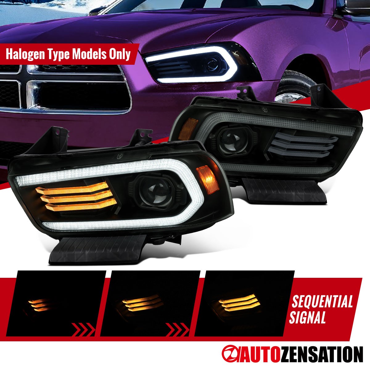 Fit 2011-2014 Dodge Charger Halogen Projector Headlights LED Sequential Smoke