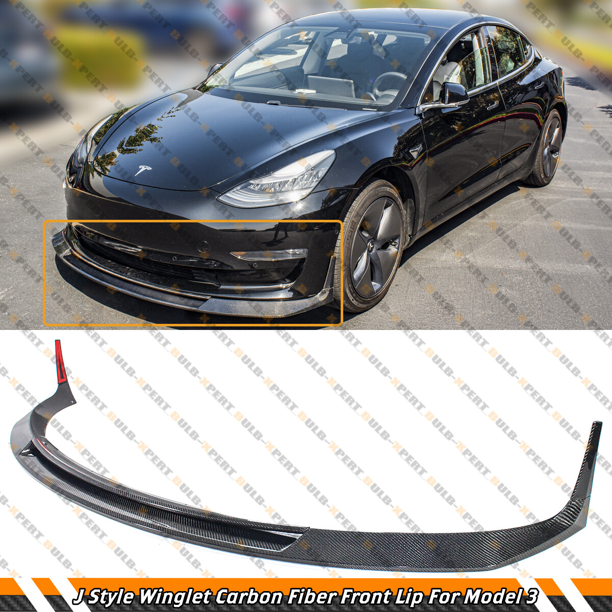 For 17-2023 Tesla Model 3 J Style Winglet Carbon Fiber Front Bumper Lip Splitter