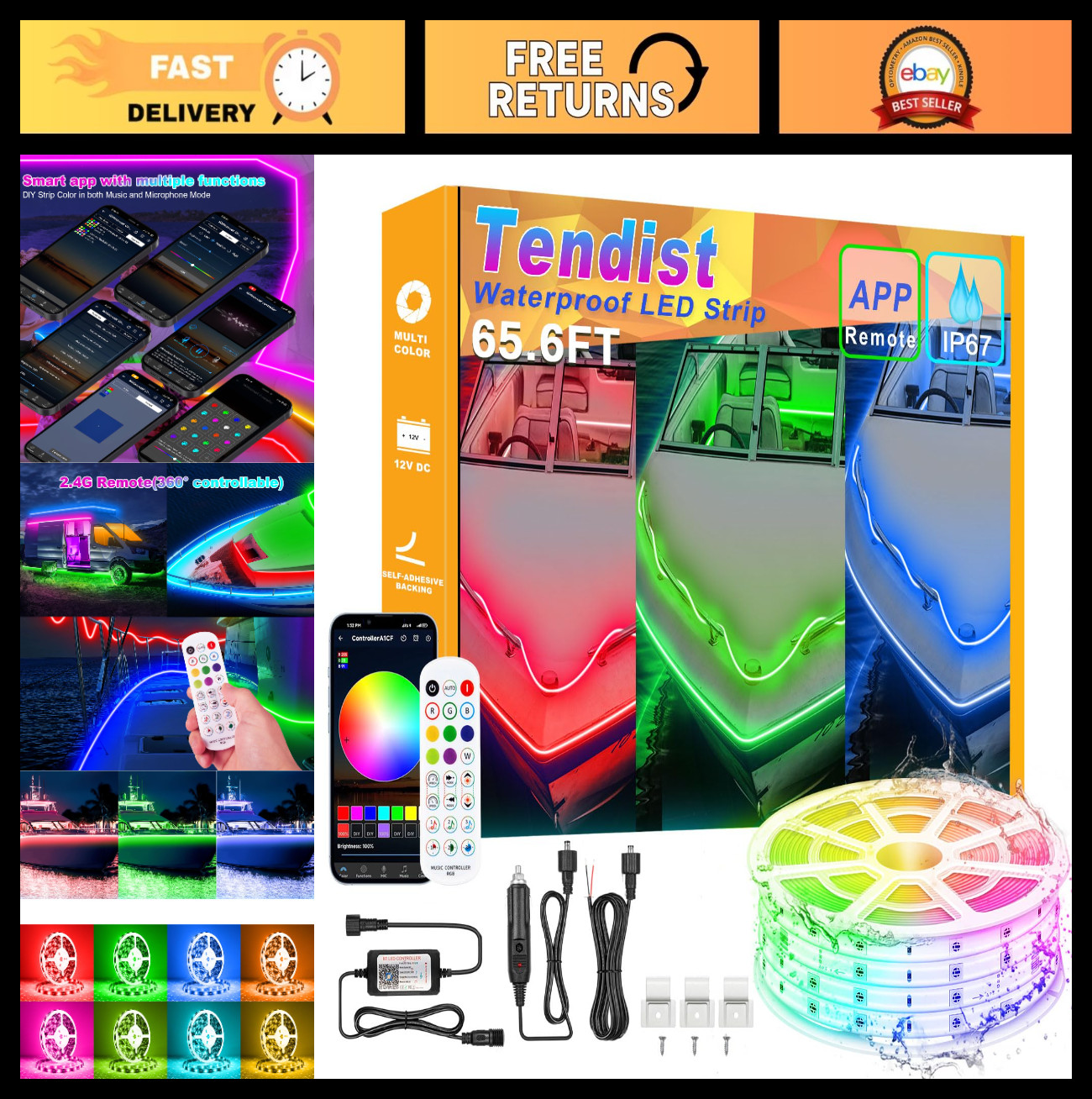 65.6FT Waterproof LED Boat Lights Strip, Multicolor RGB Marine Lighting, IP67, A