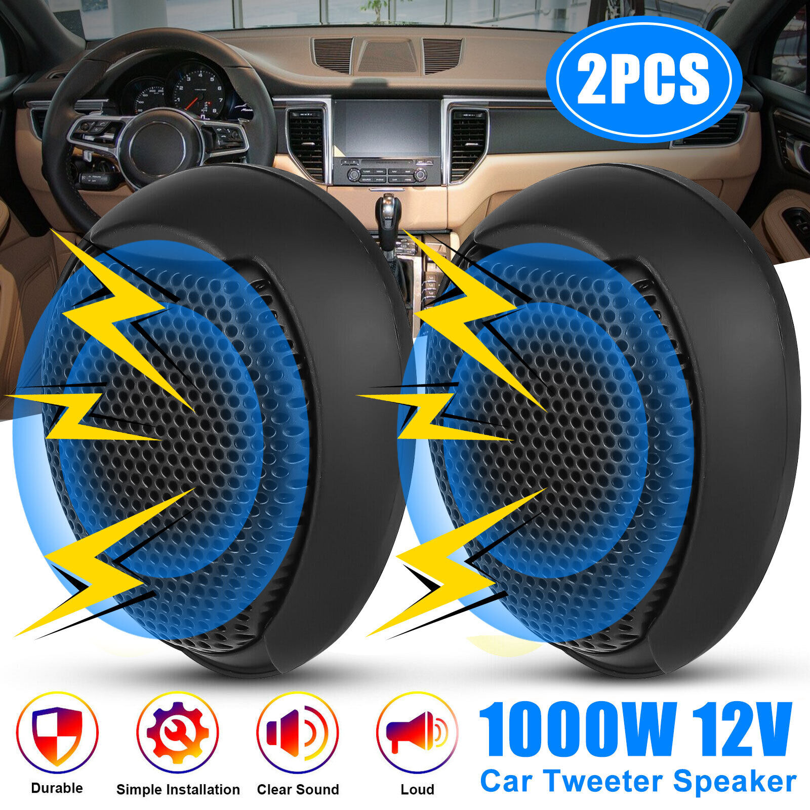 2x Universal Car Stereo Speaker Audio 1000W Dome Tweeter 4Ω Super Power Loud 12V