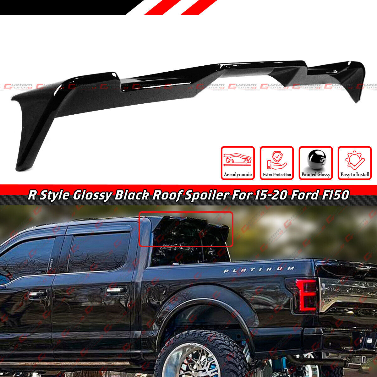 FOR 2015-20 FORD F-150 R STYLE GLOSSY BLACK REAR TRUCK TOP CAB ROOF SPOILER WING