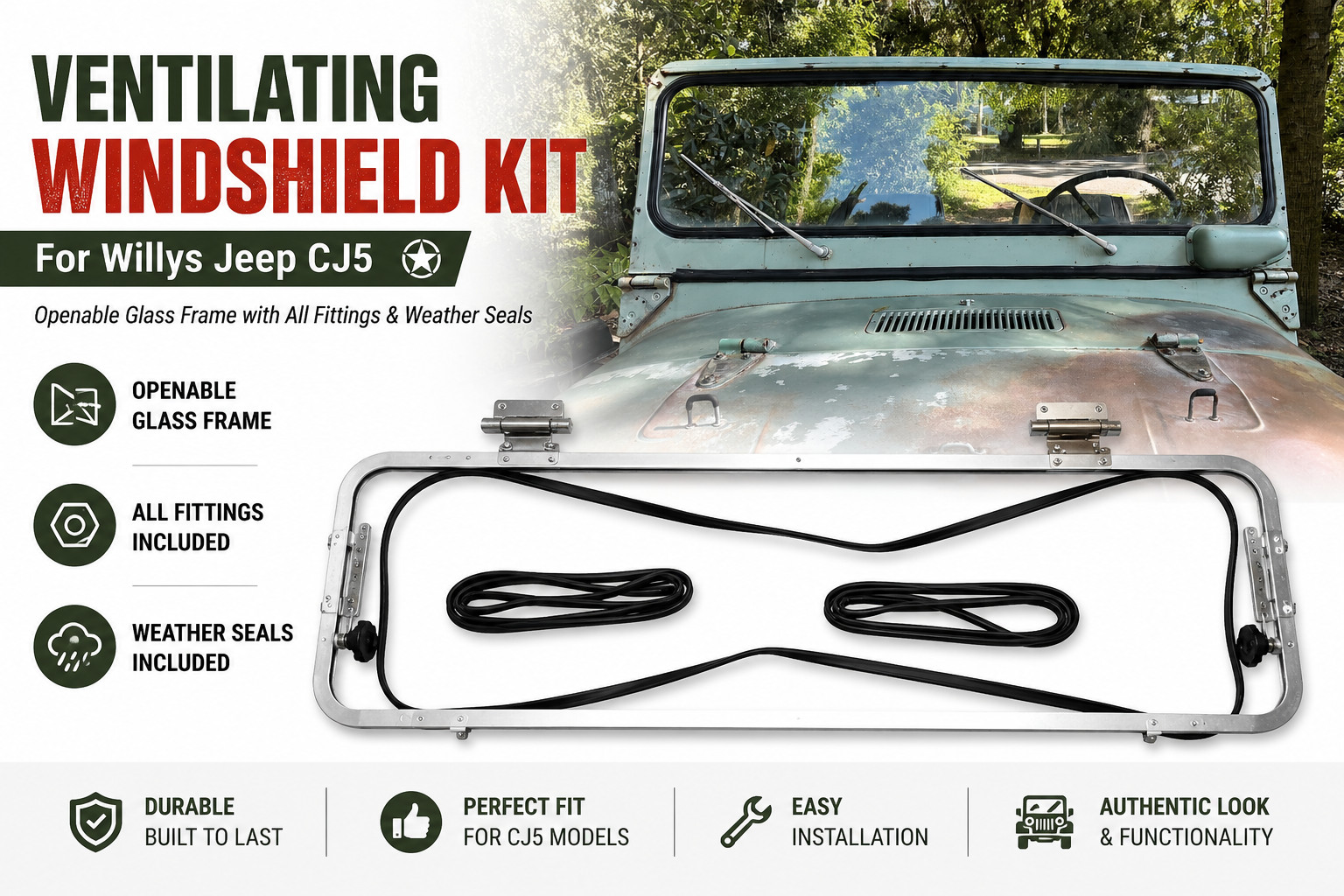 Ventilating Windshield Kit For WIllys Jeep Fits Cj5 Alumenium