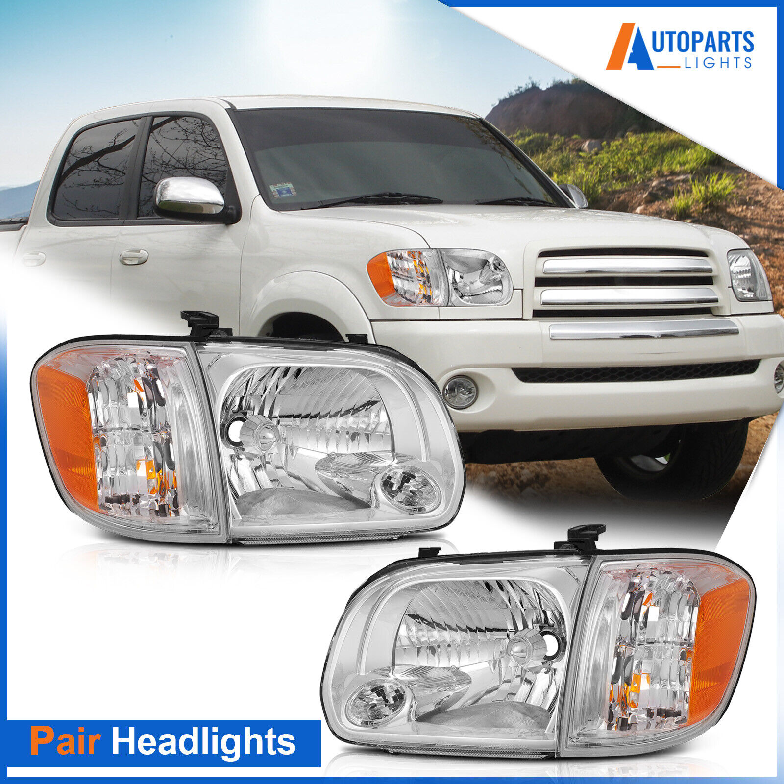 For 2005-2006 Toyota Tundra Crew Cab Pickup 4-Dr Chrome Headlight Assembly Pair