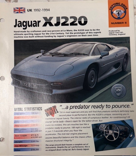 Jaguar XJ220 1992-1994 HOT CARS poster vital statistics DREAM MACHINES