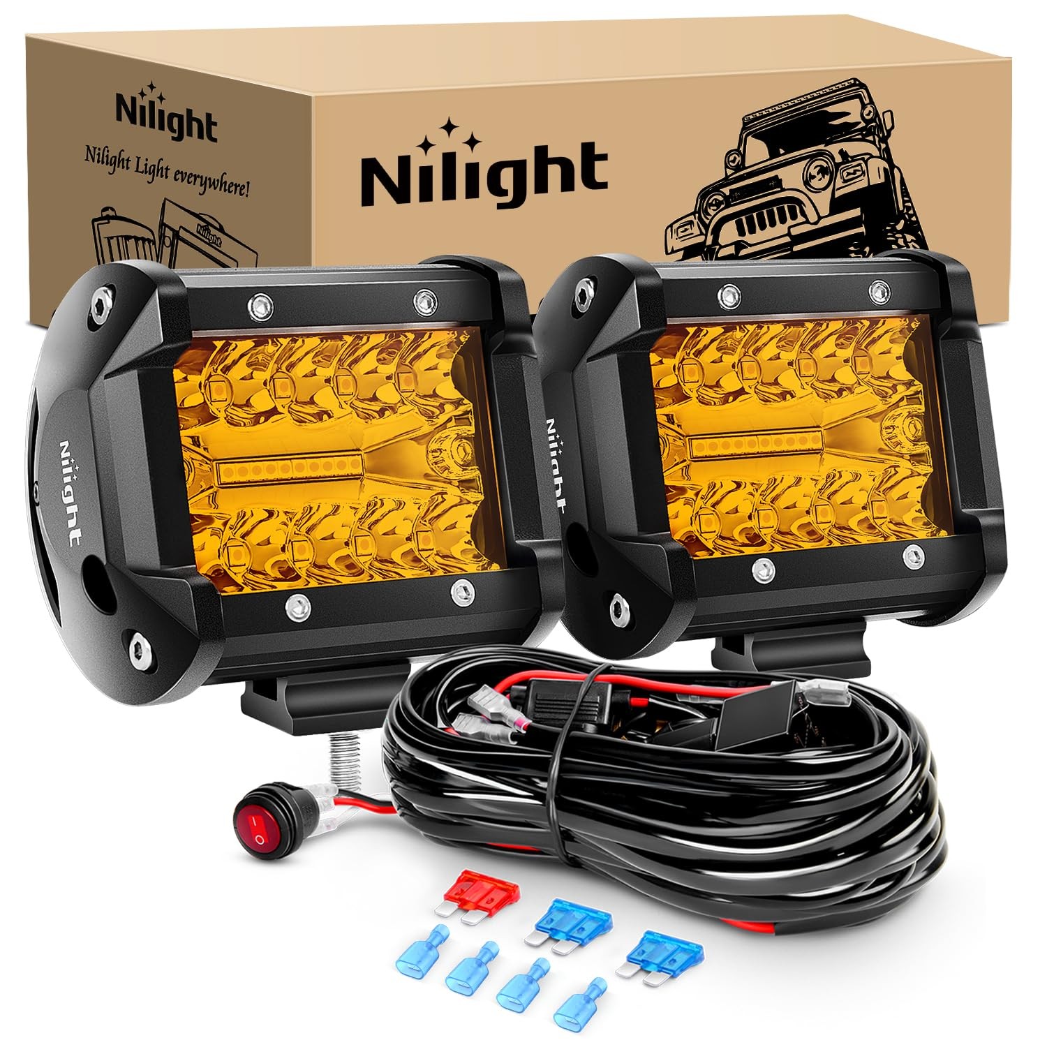 Nilight 2PC 4Inch Amber Led Pods Pods, 2PCS with Wiring Harness