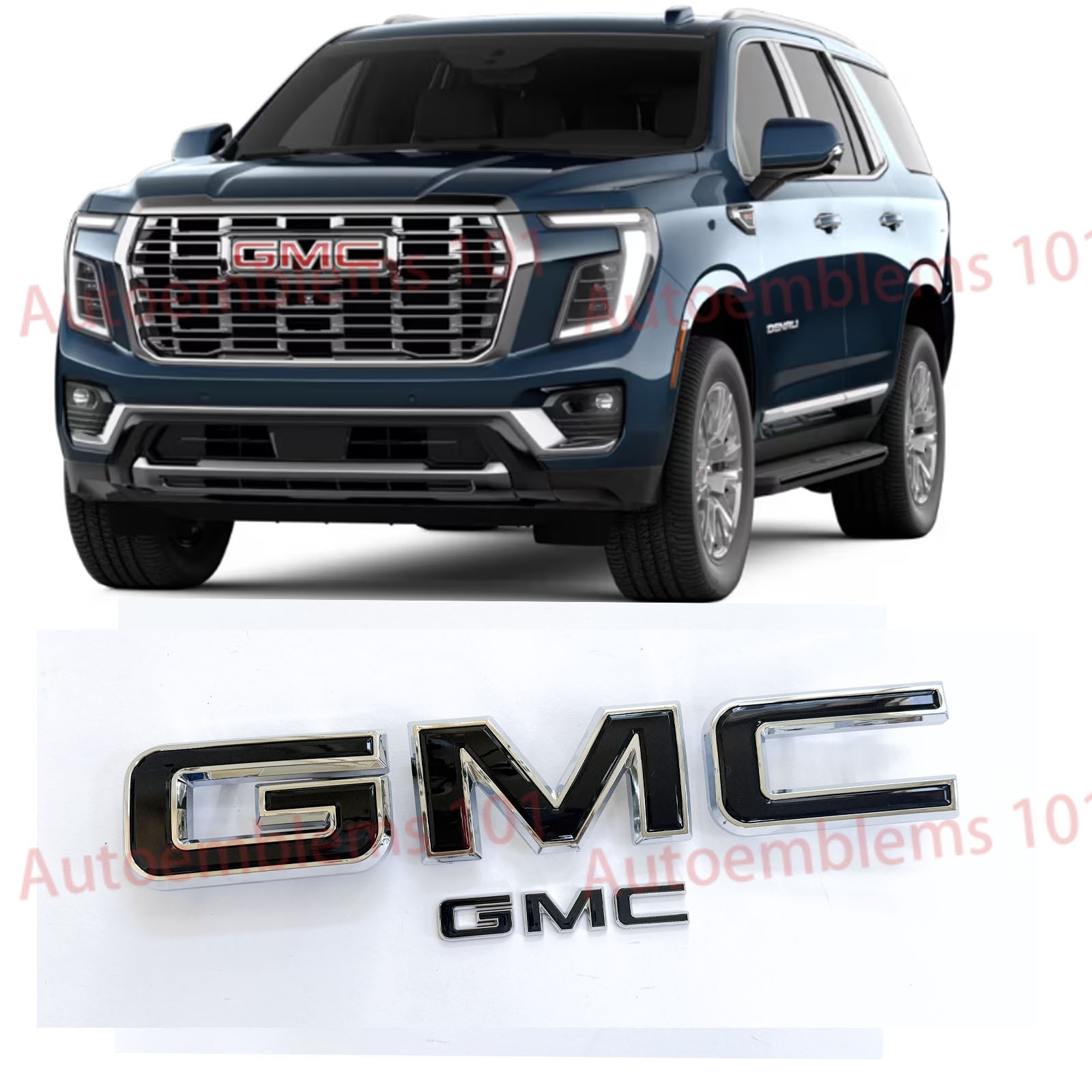 New 2025-2026 GMC Yukon Denali XL Front & Rear replacement Chrome Black Emblems