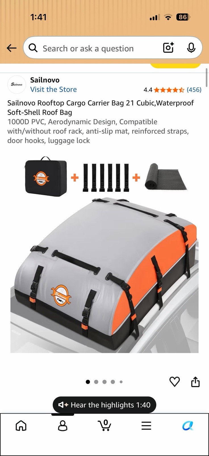 21 Cubic Feet Waterproof Car Roof Bag Rooftop Cargo Carrier with Storage