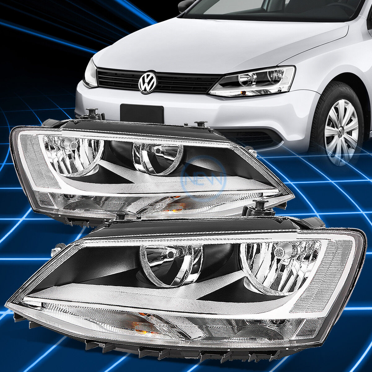 For 11-18 VW Jetta Sedan Halogen Chrome DRL Headlights Clear Corner Signal Lamps
