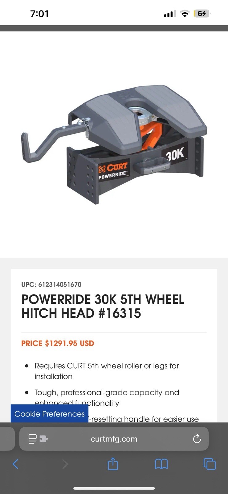 CURT 16315 PowerRide 30K 5th Wheel Hitch Head Legs or Roller Required 30,000 lbs