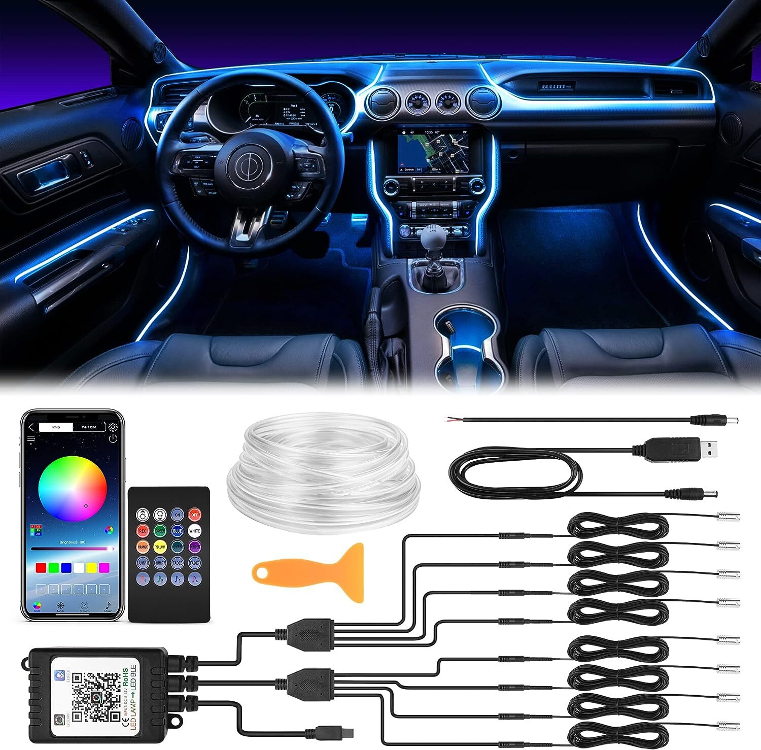 10M RGB 8 LED Car Interior Strip Light Atmosphere Neon Lamp Ambient Lighting Kit