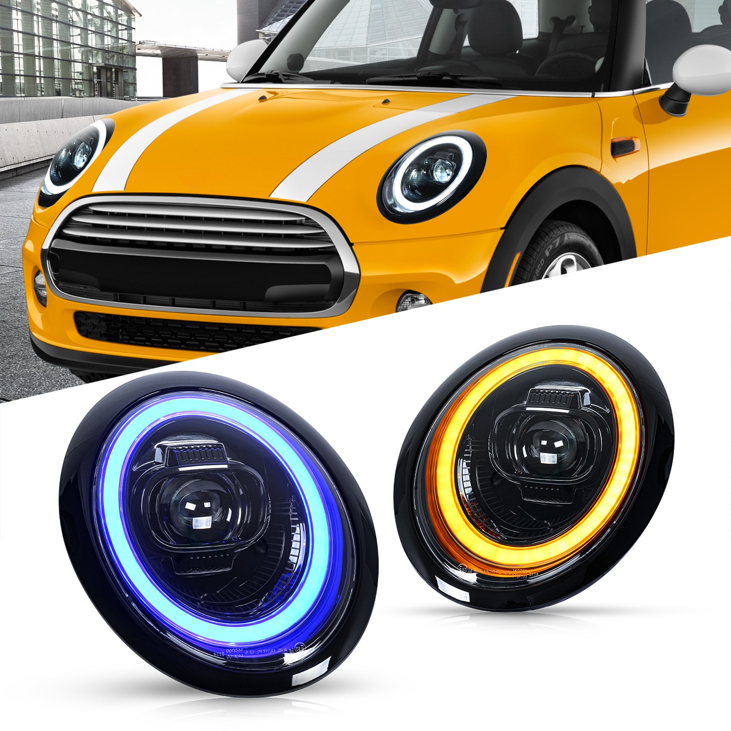 Blue Starup Animation LED Headlights For 2002-2008 Mini Cooper R50 R52 R53 Pair