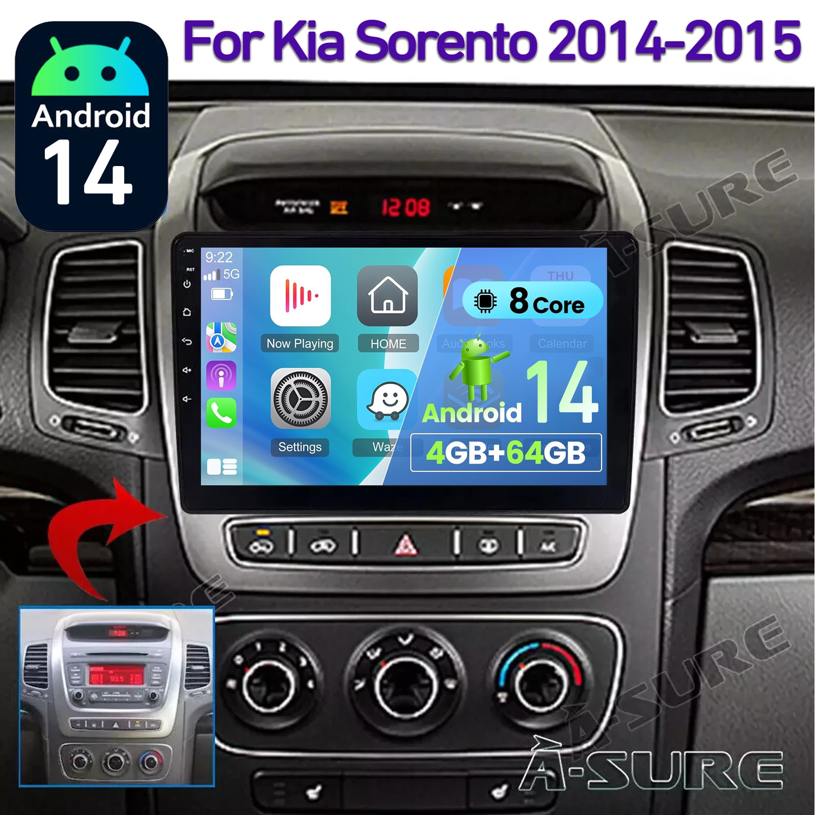 8 Core Apple CarPlay For Kia Sorento 2014-15 Android 14 Stereo +4G LTE Radio 64G