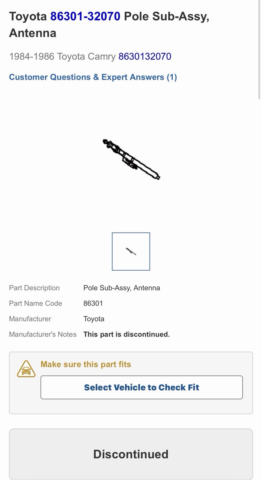 NOS Toyota Discontinued Part 86301-32070