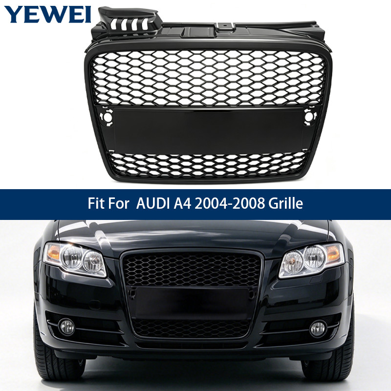 For 2004 2005 2006 2007 2008 Audi A4 B7 RS4 Black Front Honeycomb Grille Grill