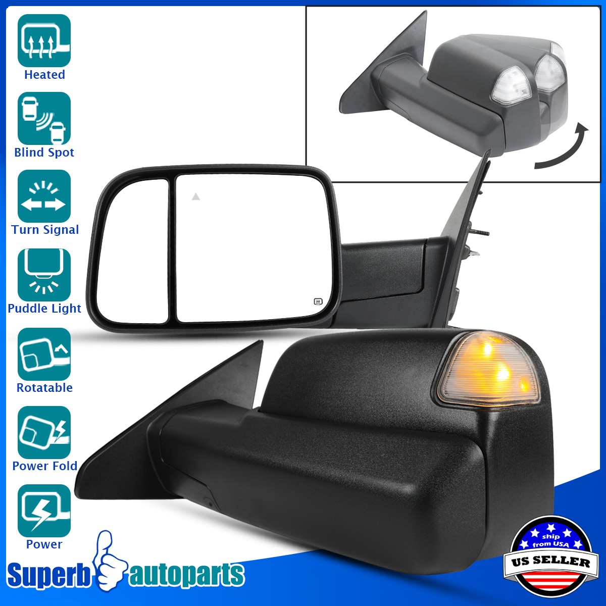 For 2019-2024 Dodge Ram 1500 Rotated Power Fold Tow Mirrors+Heat/BSM/Signal Pair